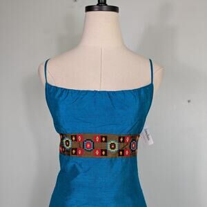 Neiman Marcus Silk Mini Dress 6 Turquoise Blue Vintage 90s Embroidered Western